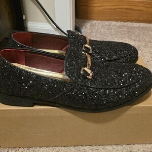 Black Glitter Loafers with Gold Accent